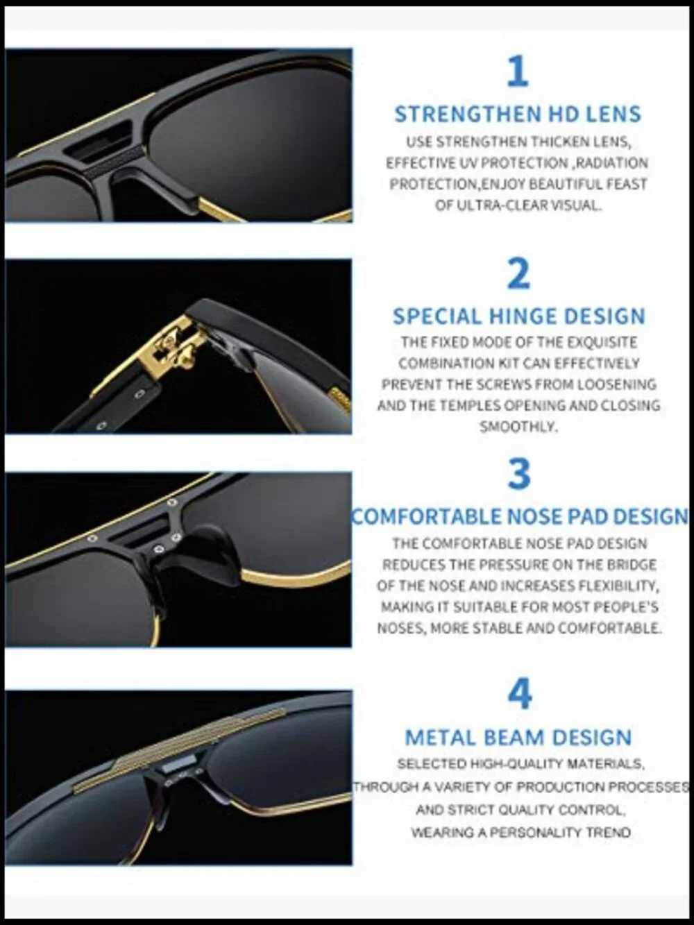 Square Sunglasses for Men Oversized Retro Semi Rimless Gold Alloy Frame UV400